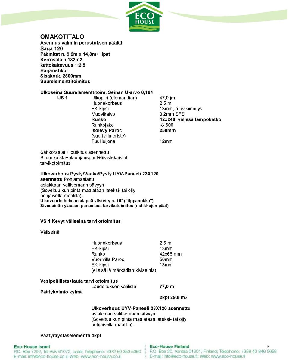 Seinän U-arvo 0,164 US 1 Ulkopiiri (elementtien) 47,9 jm Huonekorkeus 2,5 m EK-kipsi 13mm, ruuvikiinnitys Muovikalvo 0,2mm SFS Runko 42x248, välissä lämpökatko Runkojako K- 600 Isolevy Paroc 250mm