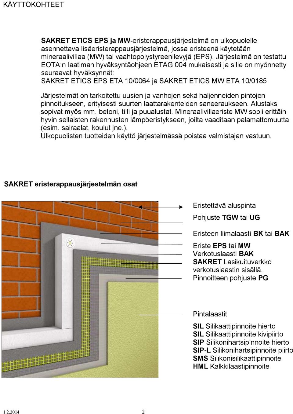 Järjestelmä on testattu EOTA:n laatiman hyväksyntäohjeen ETAG 004 mukaisesti ja sille on myönnetty seuraavat hyväksynnät: SAKRET ETICS EPS ETA 10/0064 ja SAKRET ETICS MW ETA 10/0185 Järjestelmät on