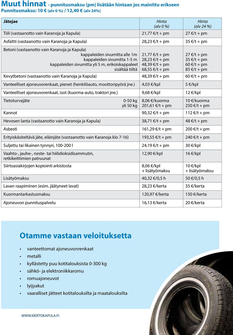 sivumitta 1-5 m kappaleiden sivumitta yli 5 m, erikoiskappaleet sisältää tiiltä 21,77 /t + pm 28,23 /t + pm 48,39 /t + pm 68,55 /t + pm 27 /t + pm 35 /t + pm 60 /t + pm 85 /t + pm Kevytbetoni