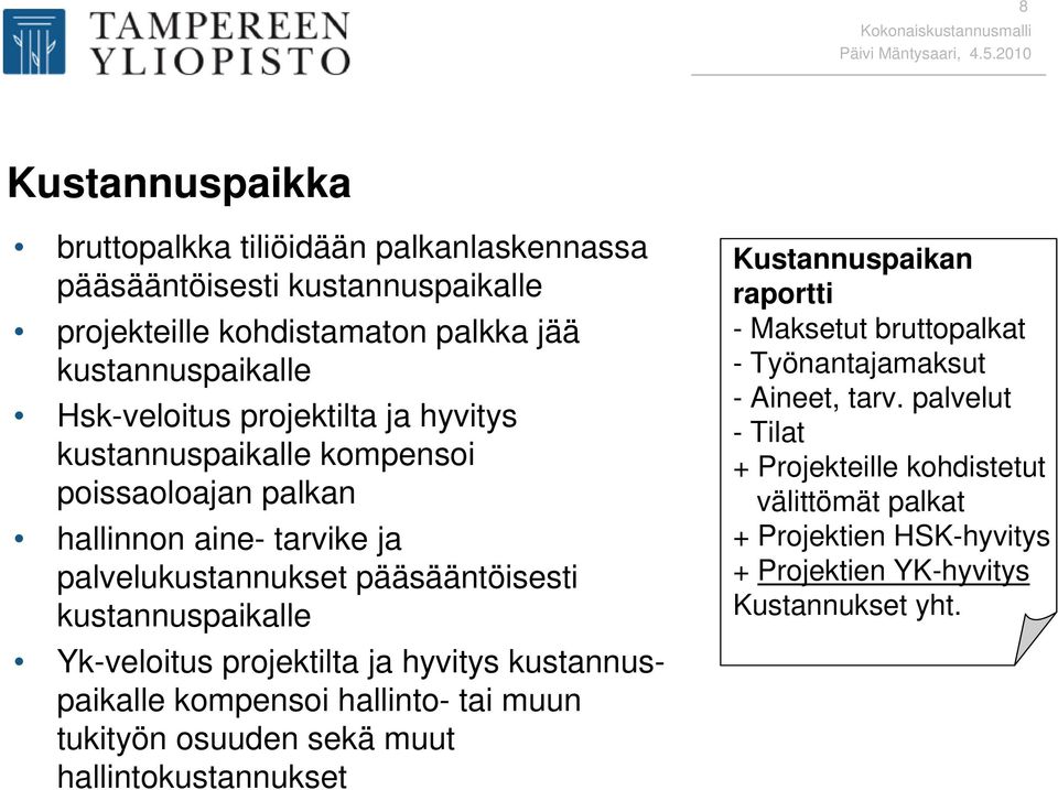 palvelukustannukset pääsääntöisesti kustannuspaikalle Yk-veloitus projektilta ja hyvitys kustannuspaikalle kompensoi hallinto- tai muun tukityön