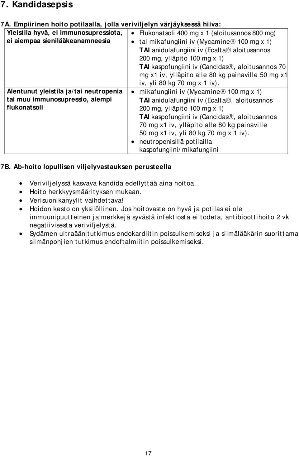 mikafungiini iv (Mycamine 100 mg x 1) TAI anidulafungiini iv (Ecalta aloitusannos 200 mg, ylläpito 100 mg x 1) TAI kaspofungiini iv (Cancidas, aloitusannos 70 mg x1 iv, ylläpito alle 80 kg painaville