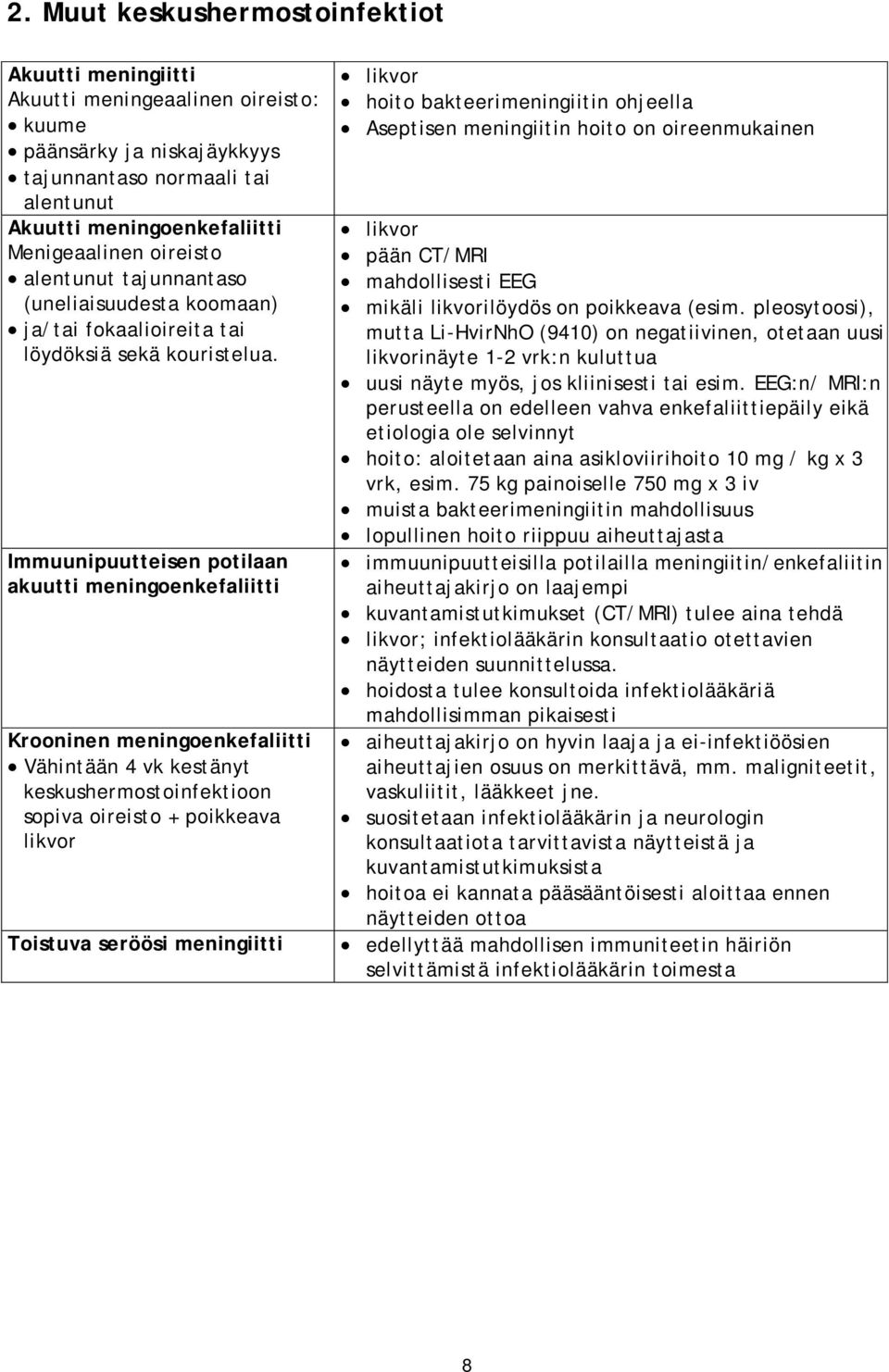 Immuunipuutteisen potilaan akuutti meningoenkefaliitti Krooninen meningoenkefaliitti Vähintään 4 vk kestänyt keskushermostoinfektioon sopiva oireisto + poikkeava likvor Toistuva seröösi meningiitti