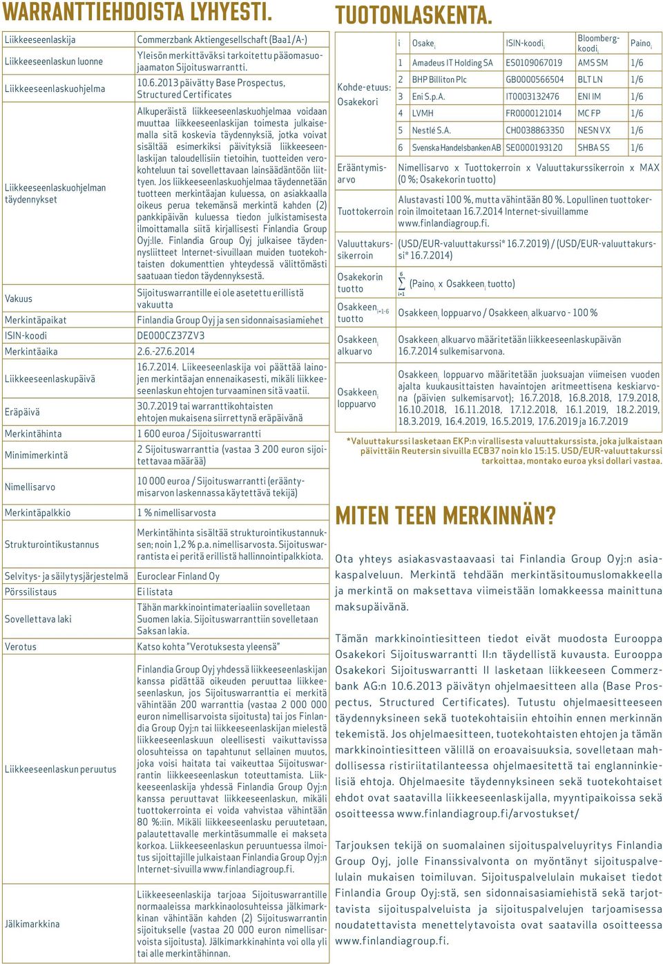 2014 Liikkeeseenlaskupäivä Eräpäivä Merkintähinta Minimimerkintä Commerzbank Aktiengesellschaft (Baa1/A-) Yleisön merkittäväksi tarkoitettu pääomasuojaamaton Sijoituswarrantti. 10.6.