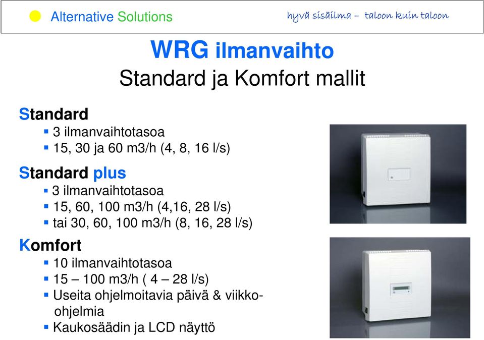 tai 30, 60, 100 m3/h (8, 16, 28 l/s) Komfort 10 ilmanvaihtotasoa 15 100 m3/h