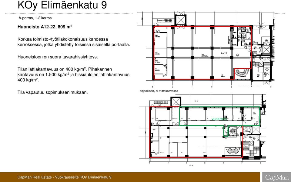 Huoneistoon on suora tavarahissiyhteys. Tilan lattiakantavuus on 400 kg/m 2.