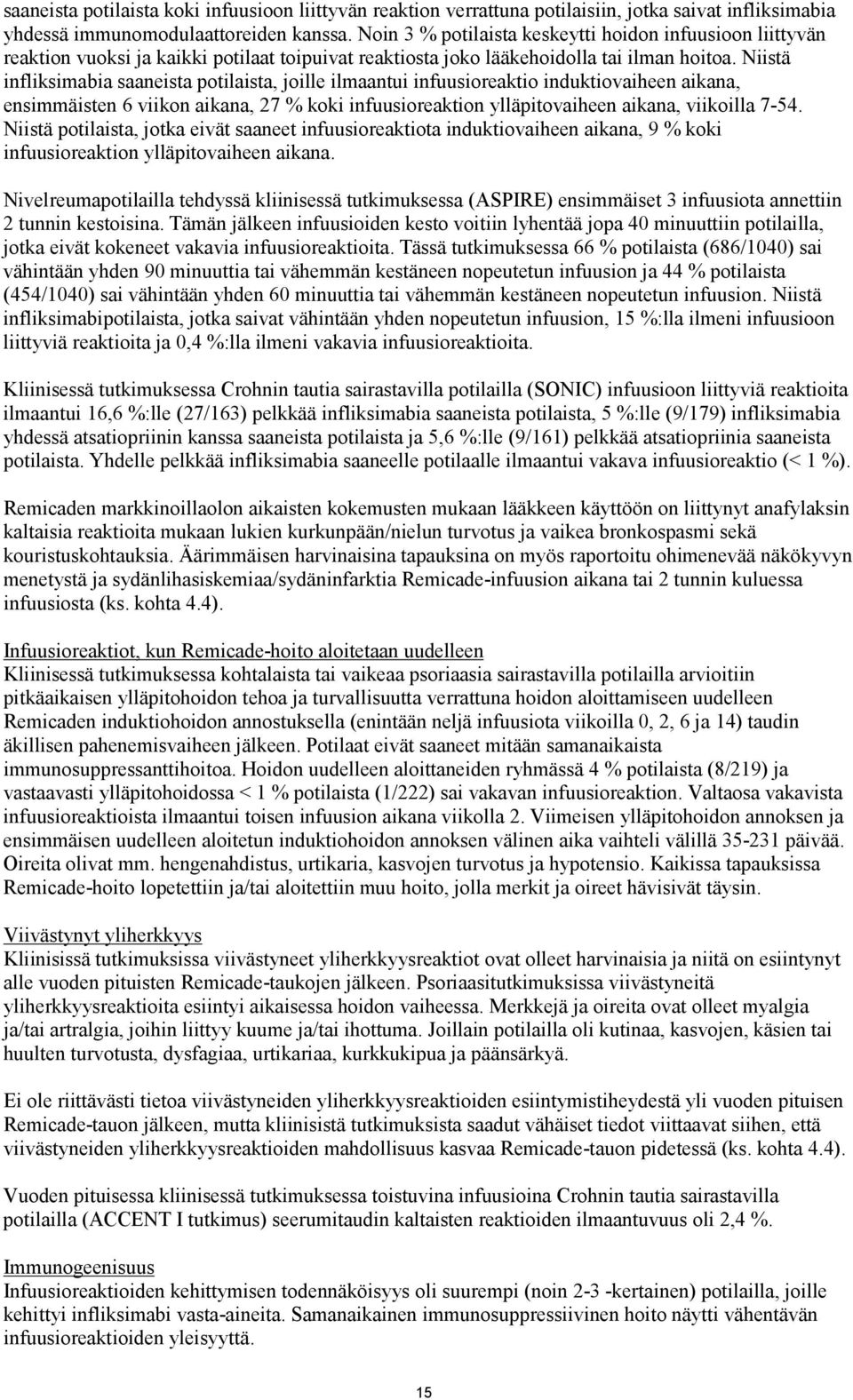 Niistä infliksimabia saaneista potilaista, joille ilmaantui infuusioreaktio induktiovaiheen aikana, ensimmäisten 6 viikon aikana, 27 % koki infuusioreaktion ylläpitovaiheen aikana, viikoilla 7-54.