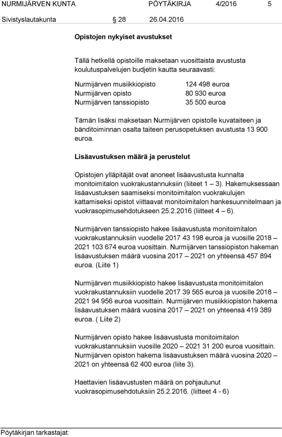 tanssiopisto 124 498 euroa 80 930 euroa 35 500 euroa Tämän lisäksi maksetaan Nurmijärven opistolle kuvataiteen ja bänditoiminnan osalta taiteen perusopetuksen avustusta 13 900 euroa.