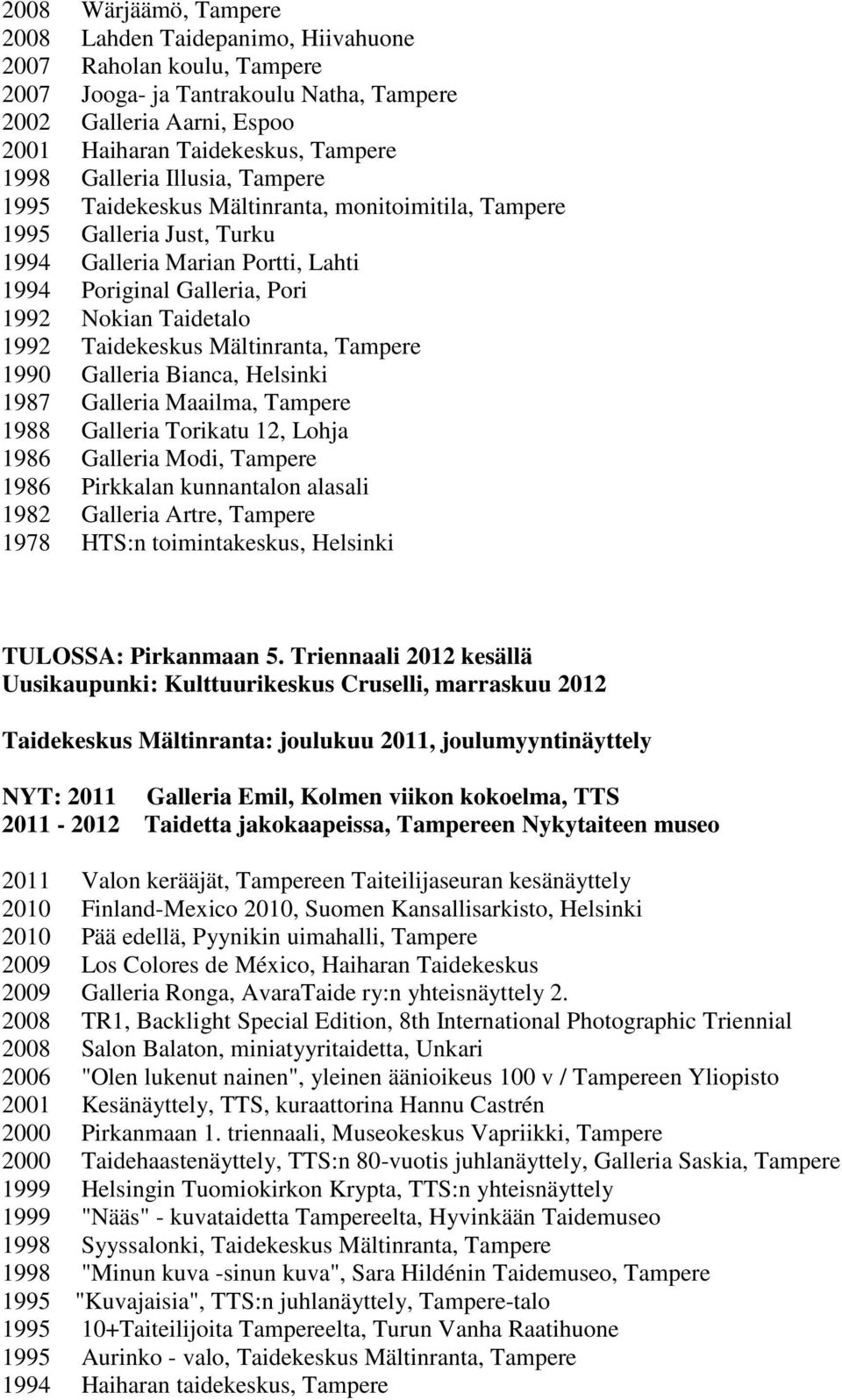 Taidekeskus Mältinranta, Tampere 1990 Galleria Bianca, Helsinki 1987 Galleria Maailma, Tampere 1988 Galleria Torikatu 12, Lohja 1986 Galleria Modi, Tampere 1986 Pirkkalan kunnantalon alasali 1982