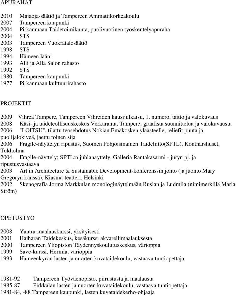 numero, taitto ja valokuvaus 2008 Käsi- ja taideteollisuuskeskus Verkaranta, Tampere; graafista suunnittelua ja valokuvausta 2006 "LOITSU", tilattu teosehdotus Nokian Emäkosken yläasteelle, reliefit