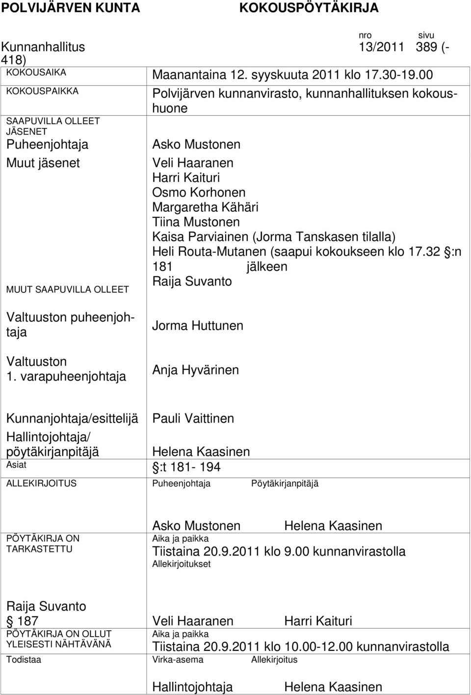 Osmo Korhonen Margaretha Kähäri Tiina Mustonen Kaisa Parviainen (Jorma Tanskasen tilalla) Heli Routa-Mutanen (saapui kokoukseen klo 17.32 :n 181 jälkeen Raija Suvanto n puheenjohtaja n 1.