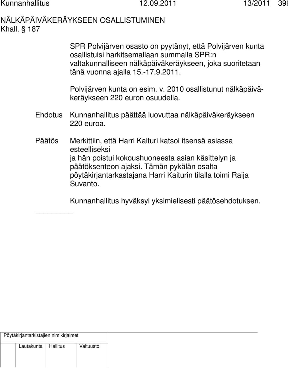 15.-17.9.2011. Polvijärven kunta on esim. v. 2010 osallistunut nälkäpäiväkeräykseen 220 euron osuudella. Ehdotus Kunnanhallitus päättää luovuttaa nälkäpäiväkeräykseen 220 euroa.