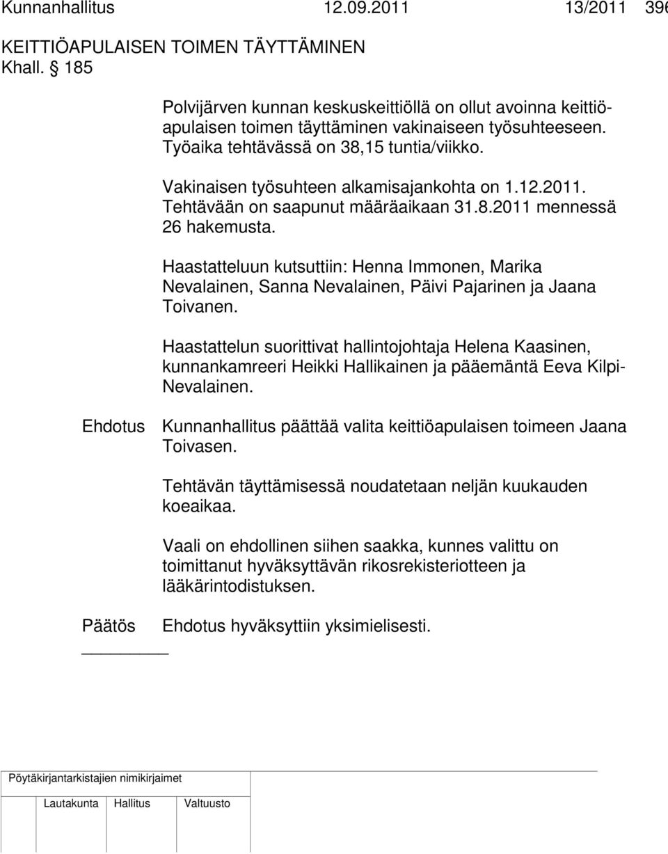 Haastatteluun kutsuttiin: Henna Immonen, Marika Nevalainen, Sanna Nevalainen, Päivi Pajarinen ja Jaana Toivanen.