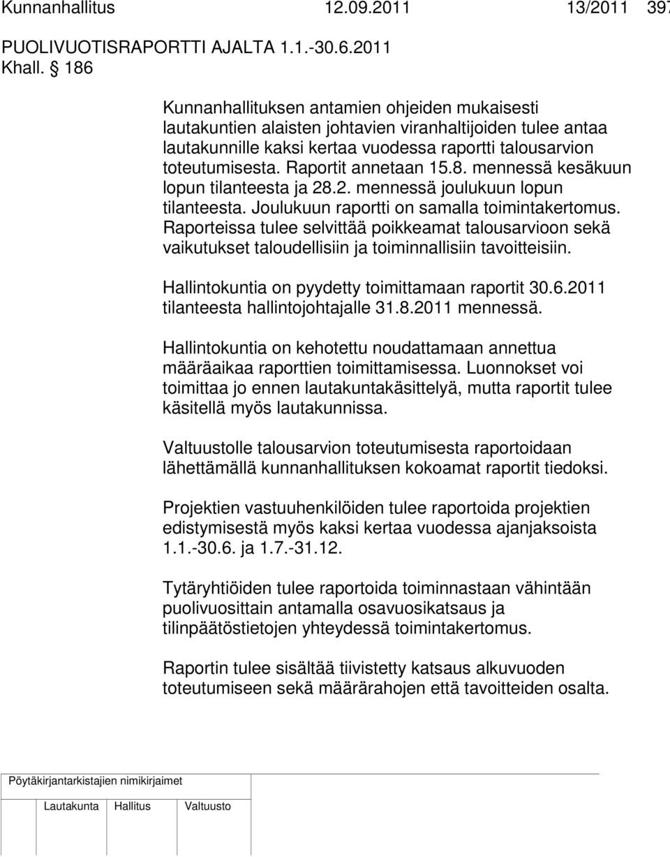 Raportit annetaan 15.8. mennessä kesäkuun lopun tilanteesta ja 28.2. mennessä joulukuun lopun tilanteesta. Joulukuun raportti on samalla toimintakertomus.