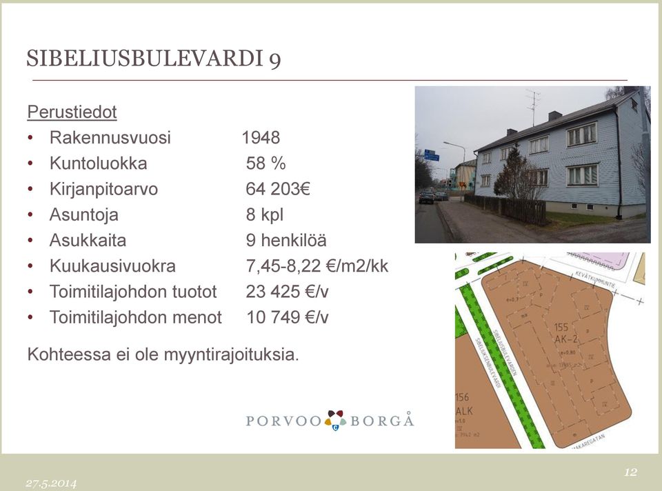 Kuukausivuokra 7,45-8,22 /m2/kk Toimitilajohdon tuotot 23 425 /v