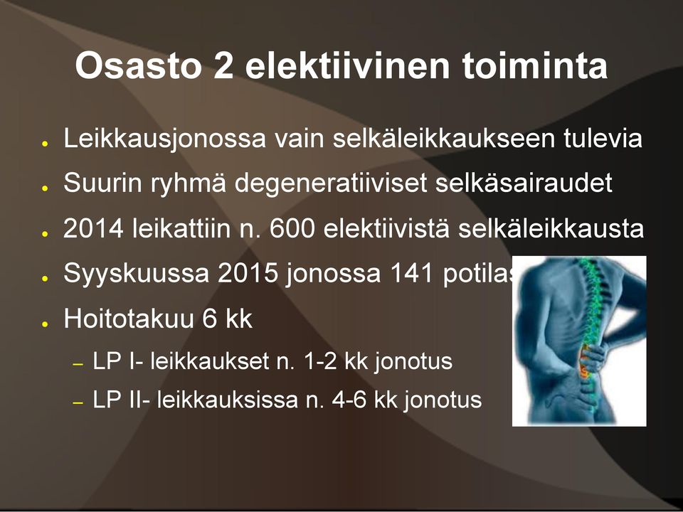 600 elektiivistä selkäleikkausta Syyskuussa 2015 jonossa 141 potilasta