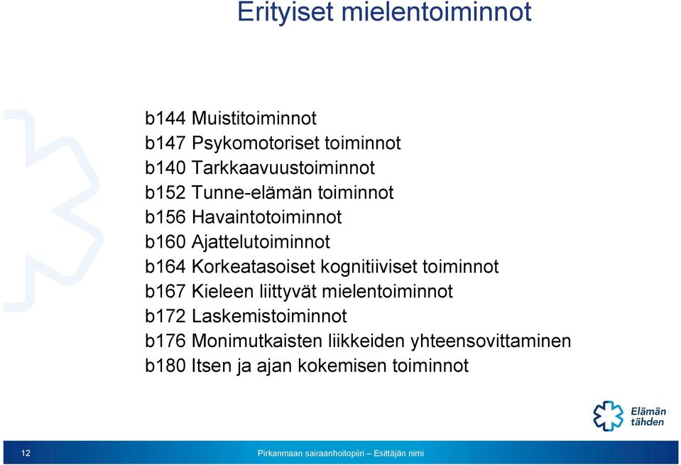 Ajattelutoiminnot b164 Korkeatasoiset kognitiiviset toiminnot b167 Kieleen liittyvät