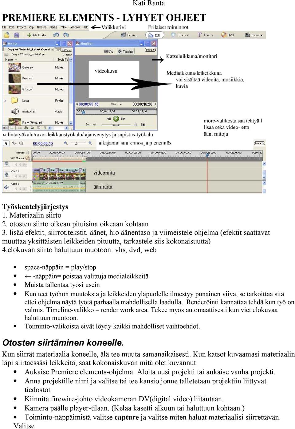 elokuvan siirto haluttuun muotoon: vhs, dvd, web space-näppäin = play/stop -näppäin= poistaa valittuja medialeikkeitä Muista tallentaa työsi usein Kun teet työhön muutoksia ja leikkeiden yläpuolelle