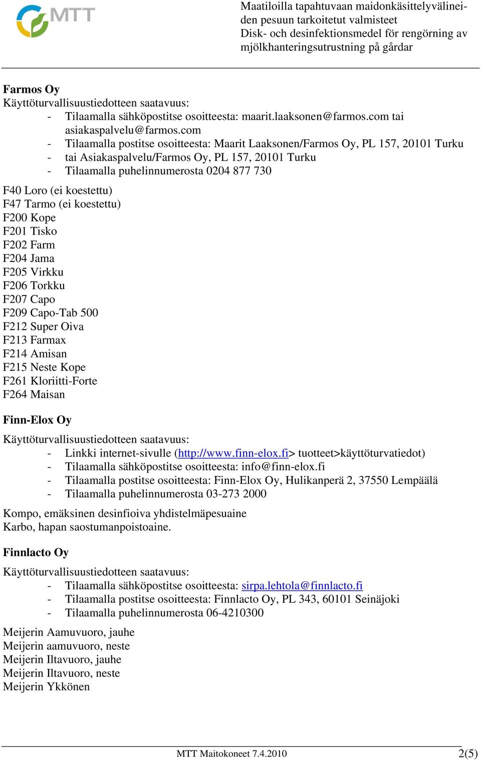 koestettu) F47 Tarmo (ei koestettu) F200 Kope F201 Tisko F202 Farm F204 Jama F205 Virkku F206 Torkku F207 Capo F209 Capo-Tab 500 F212 Super Oiva F213 Farmax F214 Amisan F215 Neste Kope F261