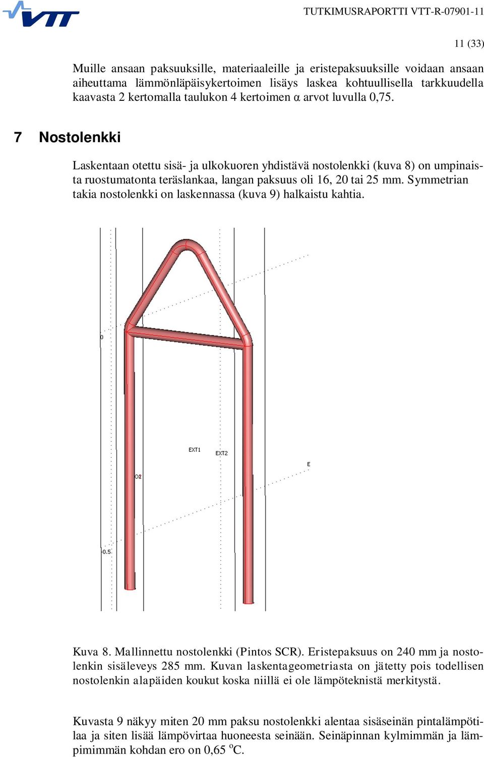 Symmetrian takia nostolenkki on laskennassa (kuva 9) halkaistu kahtia. Kuva 8. Mallinnettu nostolenkki (Pintos SCR). Eristepaksuus on 240 mm ja nostolenkin sisäleveys 285 mm.