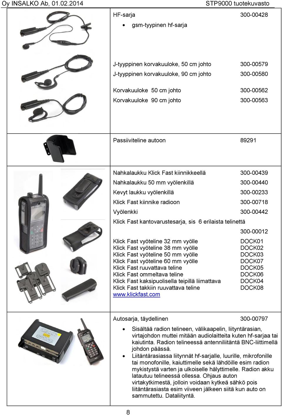 kiinnike radioon 300-00718 Vyölenkki 300-00442 Klick Fast kantovarustesarja, sis 6 erilaista telinettä 300-00012 Klick Fast vyöteline 32 mm vyölle DOCK01 Klick Fast vyöteline 38 mm vyölle DOCK02