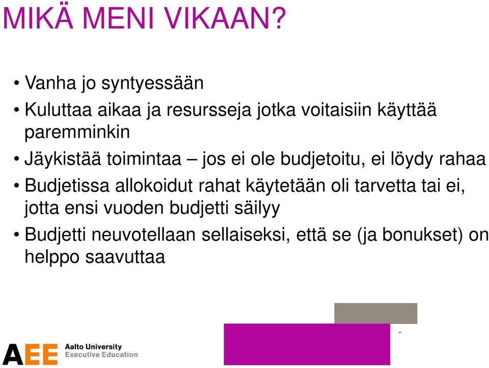 paremminkin Jäykistää toimintaa jos ei ole budjetoitu, ei löydy rahaa Budjetissa