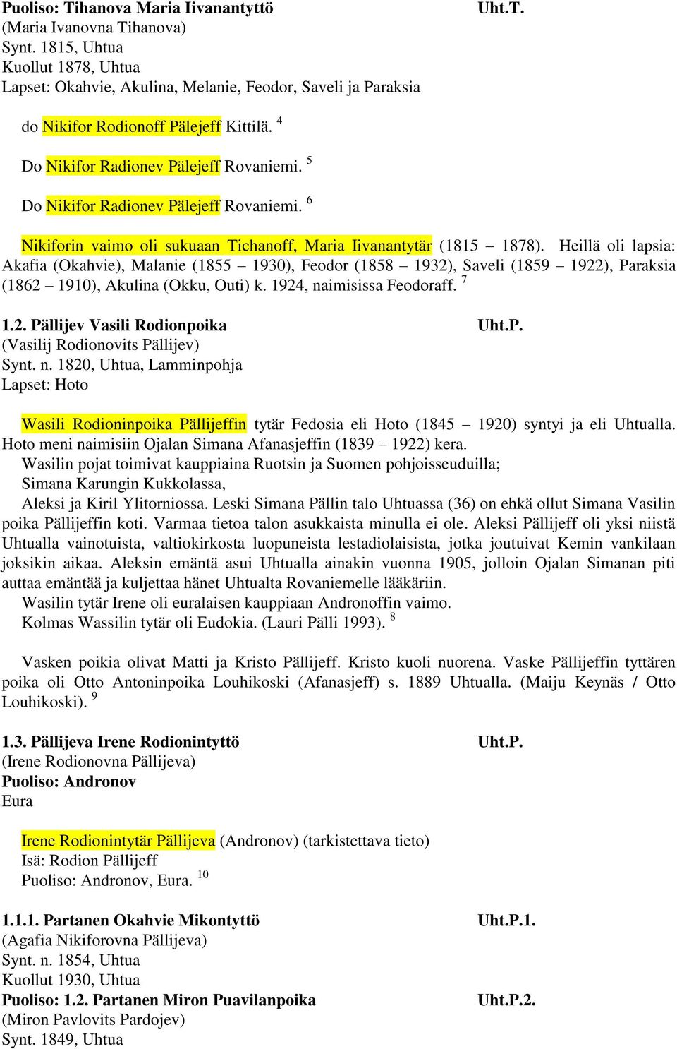 Heillä oli lapsia: Akafia (Okahvie), Malanie (1855 1930), Feodor (1858 1932), Saveli (1859 1922), Paraksia (1862 1910), Akulina (Okku, Outi) k. 1924, naimisissa Feodoraff. 7 1.2. Pällijev Vasili Rodionpoika Uht.