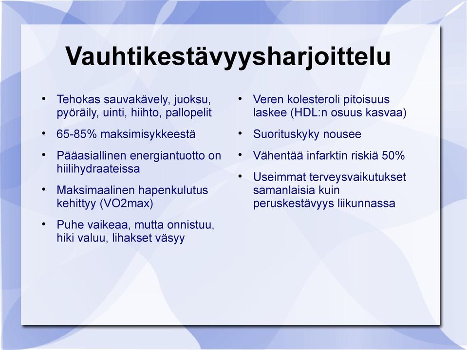 Puhe vaikeaa, mutta onnistuu, hiki valuu, lihakset väsyy Veren kolesteroli pitoisuus laskee (HDL:n osuus