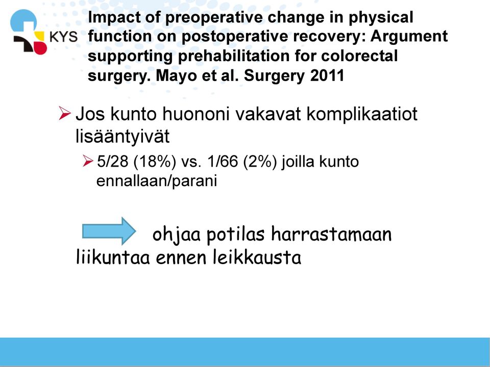 Surgery 2011 Ø Jos kunto huononi vakavat komplikaatiot lisääntyivät Ø 5/28 (18%)