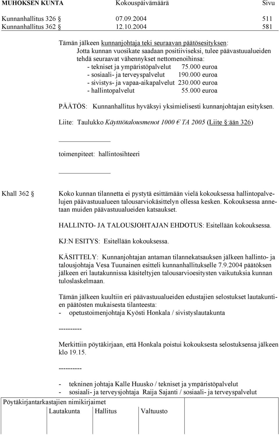 ympäristöpalvelut 75.000 euroa - sosiaali- ja terveyspalvelut 190.000 euroa - sivistys- ja vapaa-aikapalvelut 230.000 euroa - hallintopalvelut 55.