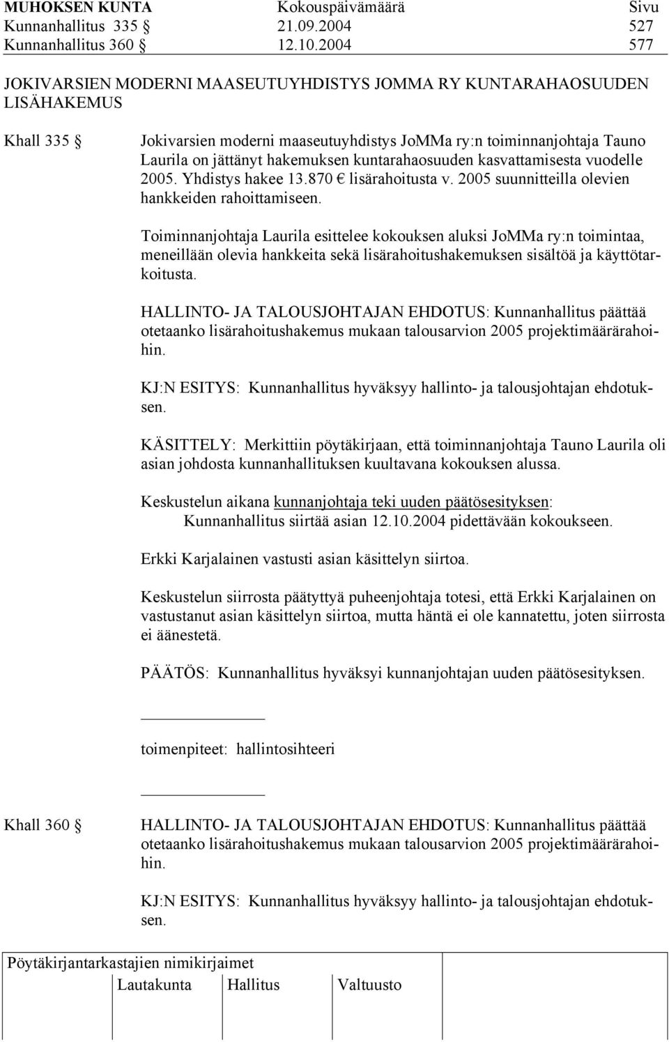 kuntarahaosuuden kasvattamisesta vuodelle 2005. Yhdistys hakee 13.870 lisärahoitusta v. 2005 suunnitteilla olevien hankkeiden rahoittamiseen.