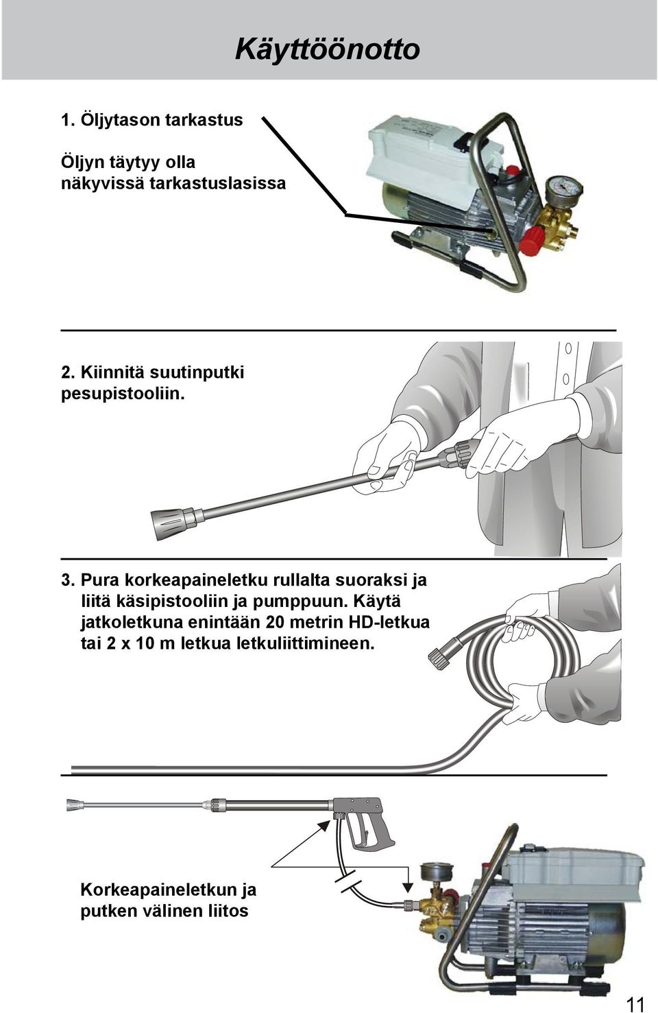 Pura korkeapaineletku rullalta suoraksi ja liitä käsipistooliin ja pumppuun.