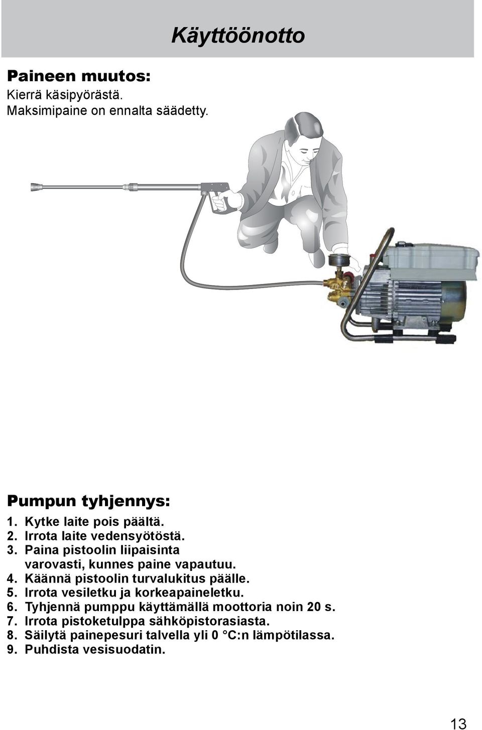 4. Käännä pistoolin turvalukitus päälle. 5. Irrota vesiletku ja korkeapaineletku. 6.