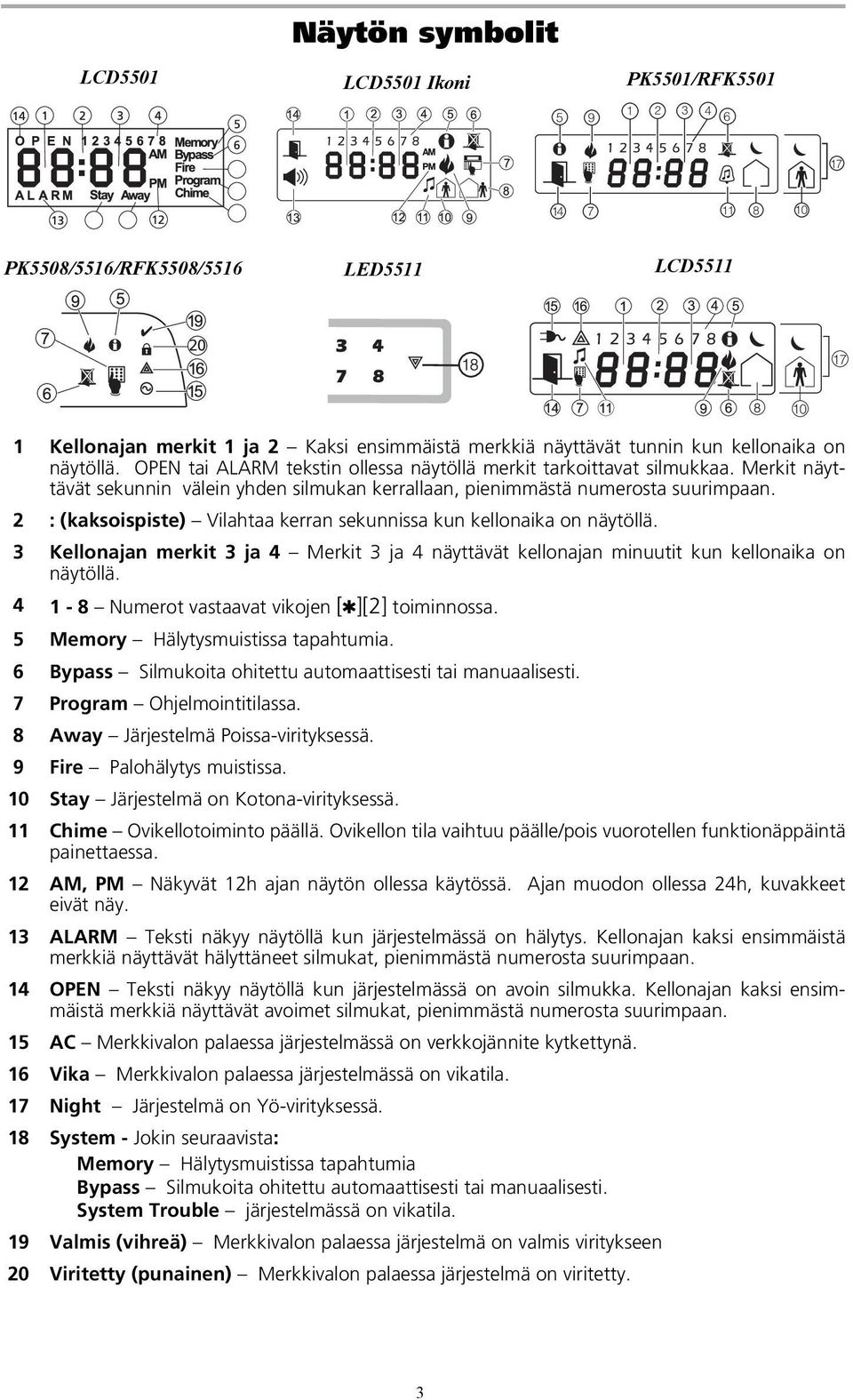 2 : (kaksoispiste) Vilahtaa kerran sekunnissa kun kellonaika on näytöllä. 3 Kellonajan merkit 3 ja 4 Merkit 3 ja 4 näyttävät kellonajan minuutit kun kellonaika on näytöllä.