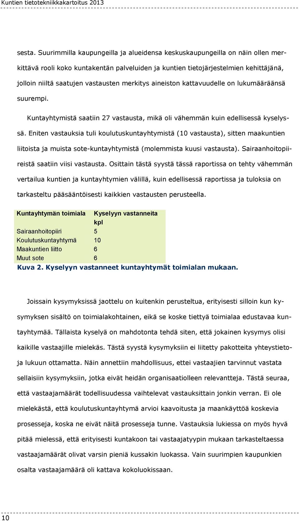 merkitys aineiston kattavuudelle on lukumääräänsä suurempi. Kuntayhtymistä saatiin 27 vastausta, mikä oli vähemmän kuin edellisessä kyselyssä.