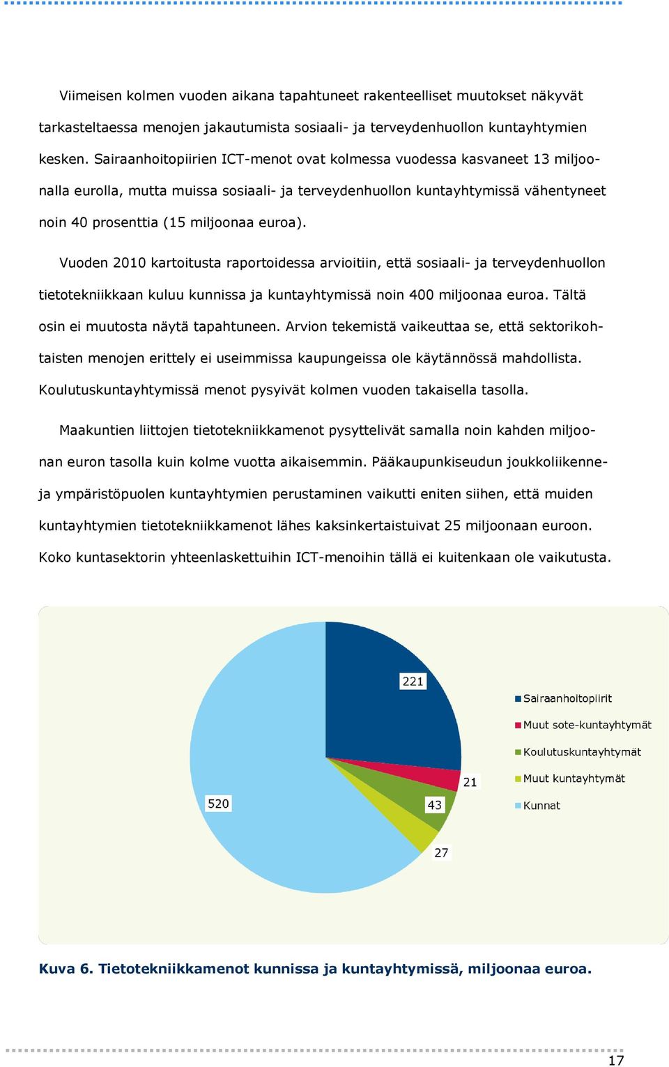 Vuoden 2010 kartoitusta raportoidessa arvioitiin, että sosiaali- ja terveydenhuollon tietotekniikkaan kuluu kunnissa ja kuntayhtymissä noin 400 miljoonaa euroa.