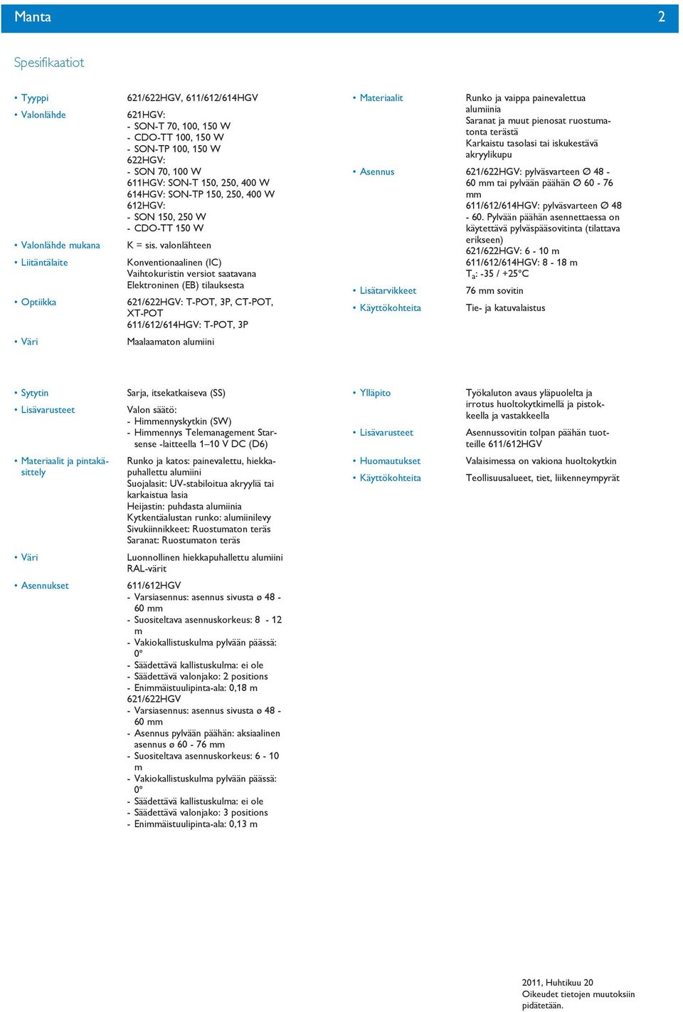 valonlähteen Konventionaalinen (IC) Vaihtokuristin versiot saatavana Elektroninen (EB) tilauksesta 621/622HGV: T-POT, 3P, CT-POT, XT-POT 611/612/614HGV: T-POT, 3P Maalaamaton alumiini Materiaalit