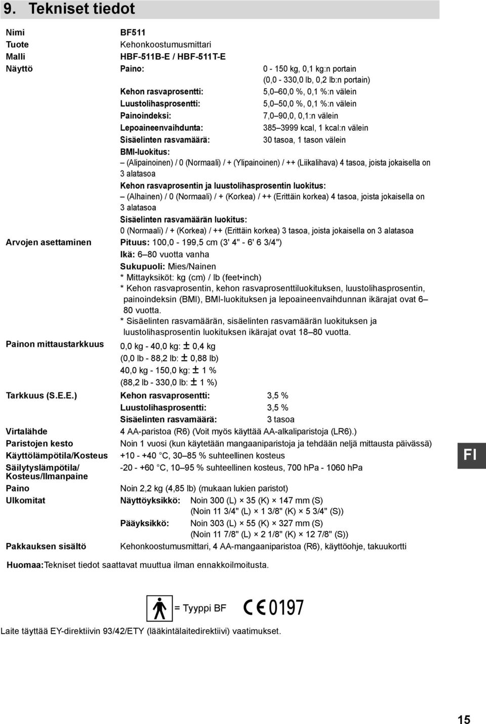 BMI-luokitus: (Alipainoinen) / 0 (Normaali) / + (Ylipainoinen) / ++ (Liikalihava) 4 tasoa, joista jokaisella on 3 alatasoa Kehon rasvaprosentin ja luustolihasprosentin luokitus: (Alhainen) / 0