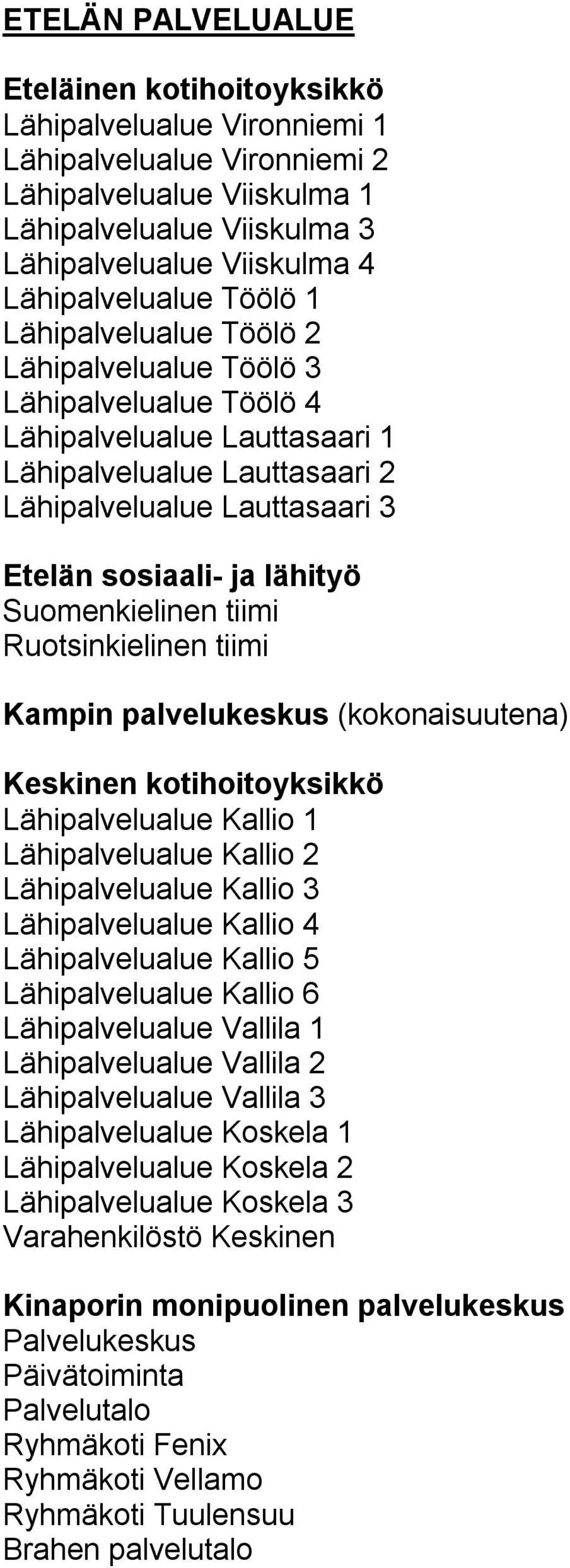 sosiaali- ja lähityö Suomenkielinen tiimi Ruotsinkielinen tiimi Kampin palvelukeskus (kokonaisuutena) Keskinen kotihoitoyksikkö Lähipalvelualue Kallio 1 Lähipalvelualue Kallio 2 Lähipalvelualue
