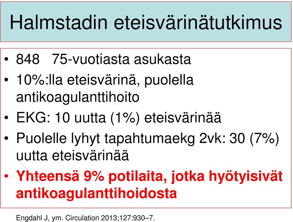Puolelle lyhyt tapahtumaekg 2vk: 30 (7%) uutta eteisvärinää Yhteensä 9%