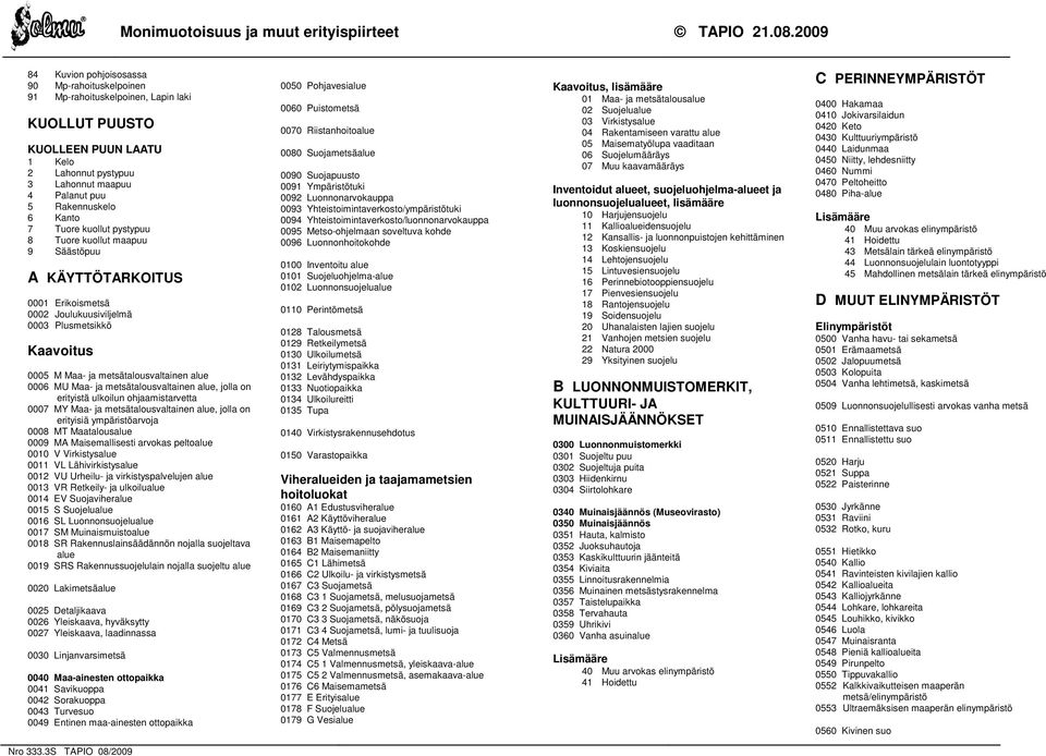 Kanto 7 Tuoe kuollut pystypuu 8 Tuoe kuollut maapuu 9 Säästöpuu A KÄYTTÖTARKOITUS 0001 Eikoismetsä 0002 Joulukuusiviljelmä 0003 Plusmetsikkö Kaavoitus 0005 M Maa- ja metsätalousvaltainen alue 0006 MU