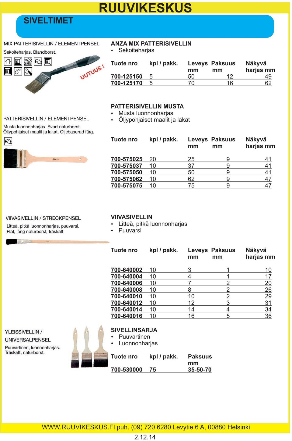 Leveys Paksuus Näkyvä mm mm harjas mm 700-575025 20 25 9 41 700-575037 10 37 9 41 700-575050 10 50 9 41 700-575062 10 62 9 47 700-575075 10 75 9 47 VIIVASIVELLIN Ÿ Litteä, pitkä luonnonharjas Ÿ