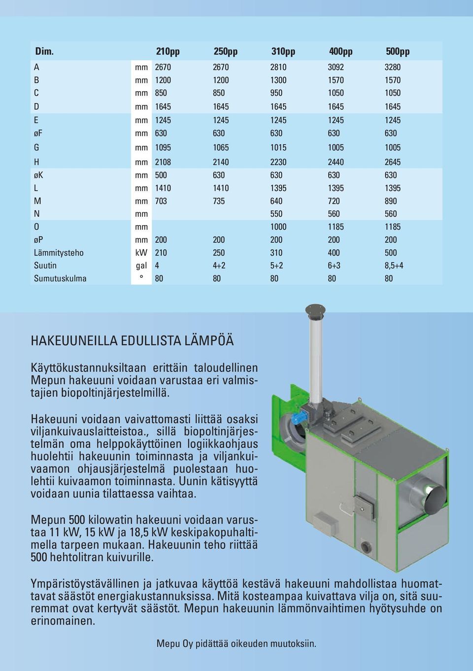 200 200 200 Lämmitysteho kw 210 250 310 400 500 Suutin gal 4 4+2 5+2 6+3 8,5+4 Sumutuskulma 80 80 80 80 80 HAKEUUNEILLA EDULLISTA LÄMPÖÄ Käyttökustannuksiltaan erittäin taloudellinen Mepun hakeuuni
