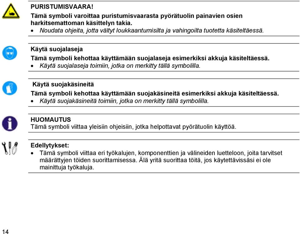 Käytä suojalaseja toimiin, jotka on merkitty tällä symbolilla. Käytä suojakäsineitä Tämä symboli kehottaa käyttämään suojakäsineitä esimerkiksi akkuja käsiteltäessä.