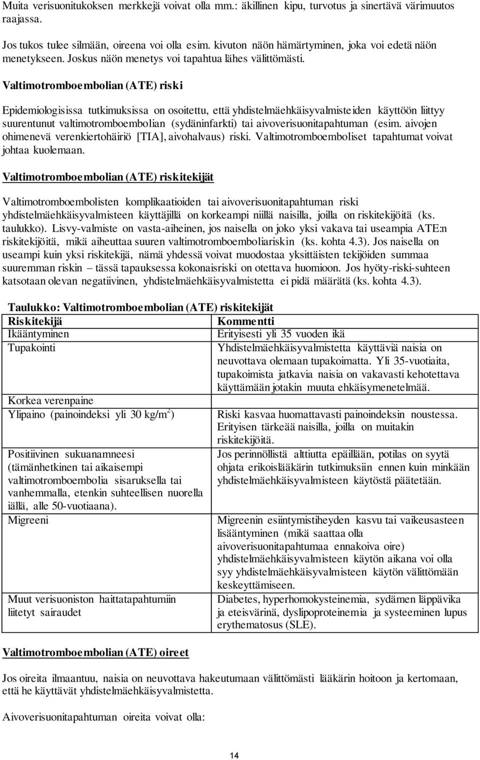 Valtimotromboembolian (ATE) riski Epidemiologisissa tutkimuksissa on osoitettu, että yhdistelmäehkäisyvalmisteiden käyttöön liittyy suurentunut valtimotromboembolian (sydäninfarkti) tai