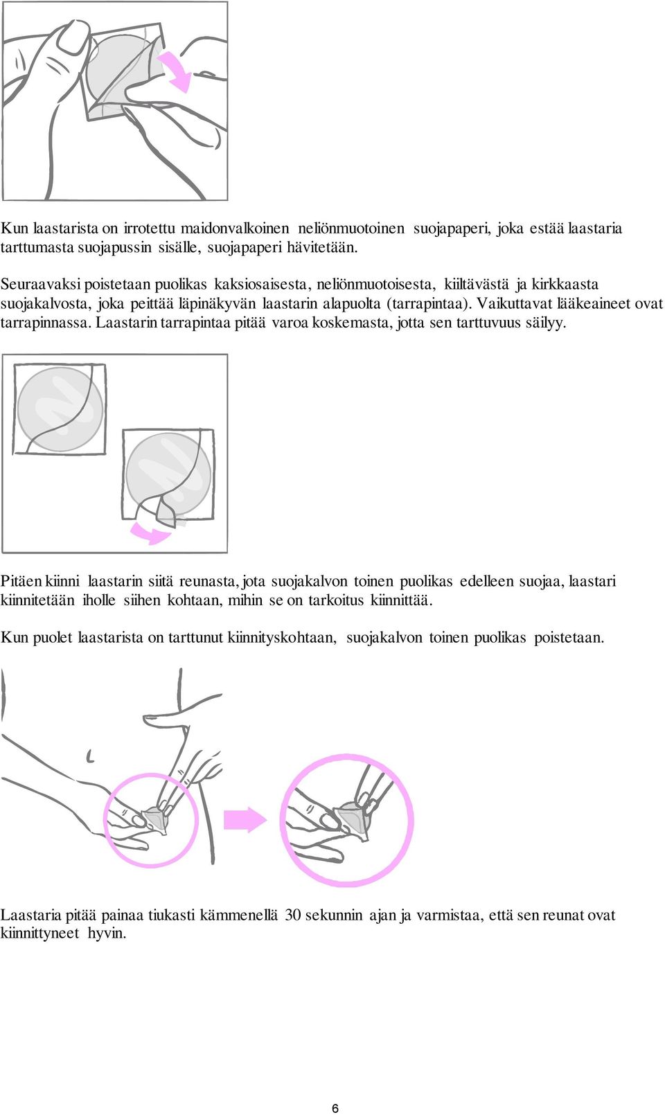 Vaikuttavat lääkeaineet ovat tarrapinnassa. Laastarin tarrapintaa pitää varoa koskemasta, jotta sen tarttuvuus säilyy.