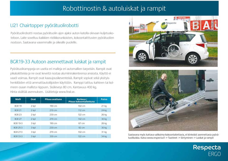 BGR19-33 Autoon asennettavat luiskat ja rampit Pyörätuoliramppeja on useita eri malleja eri automallien tarpeisiin. Rampit ovat pikalukitteisia ja ne ovat keveitä nostaa alumiinirakenteensa ansiosta.