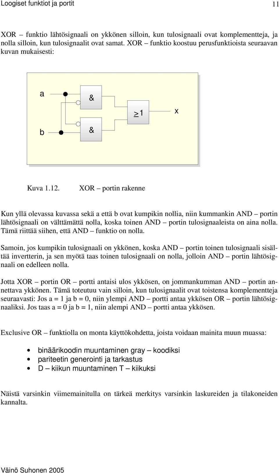 XOR portin rakenne Kun yllä olevassa kuvassa sekä a että b ovat kumpikin nollia, niin kummankin AND portin lähtösignaali on välttämättä nolla, koska toinen AND portin tulosignaaleista on aina nolla.