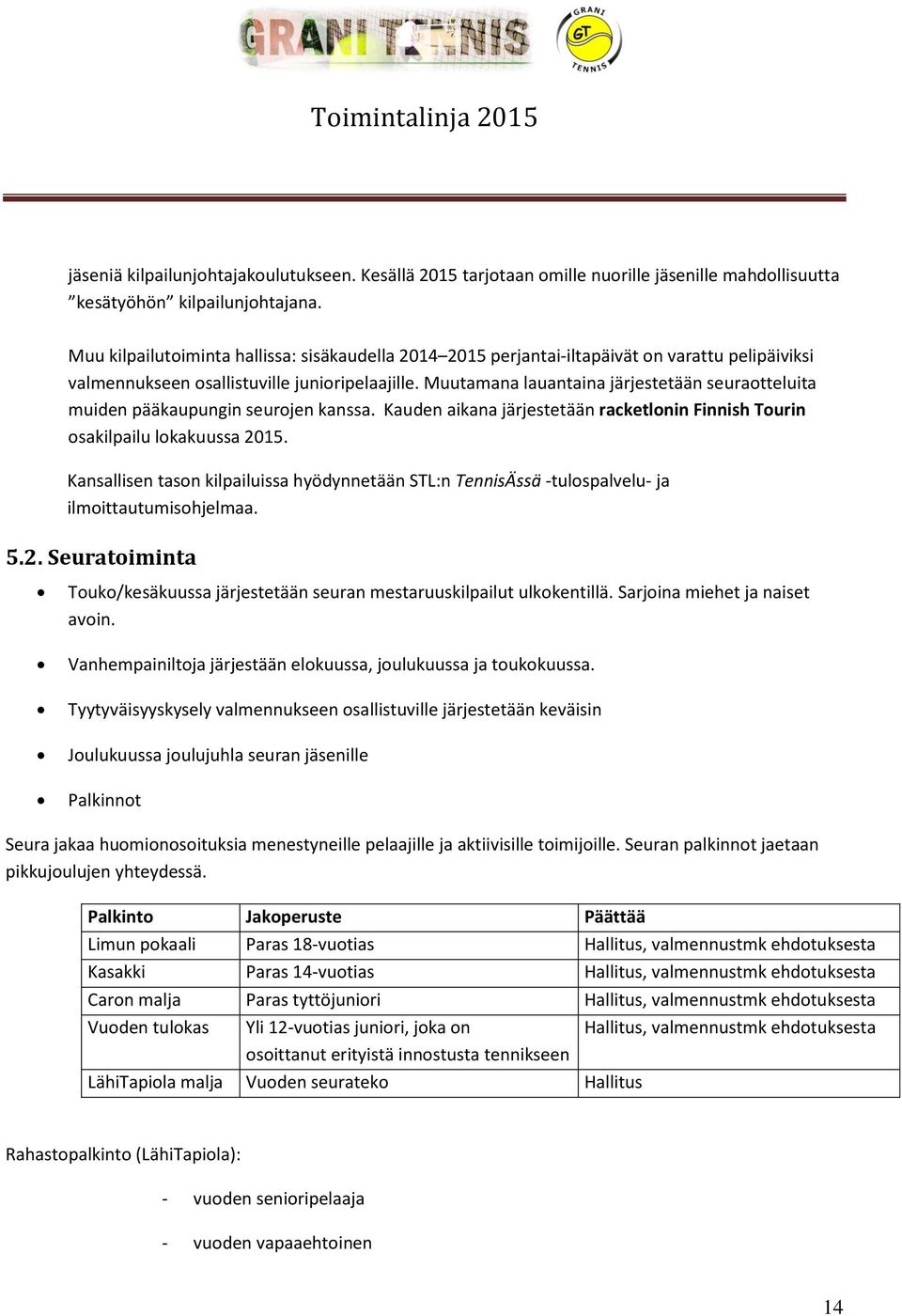 Muutamana lauantaina järjestetään seuraotteluita muiden pääkaupungin seurojen kanssa. Kauden aikana järjestetään racketlonin Finnish Tourin osakilpailu lokakuussa 2015.