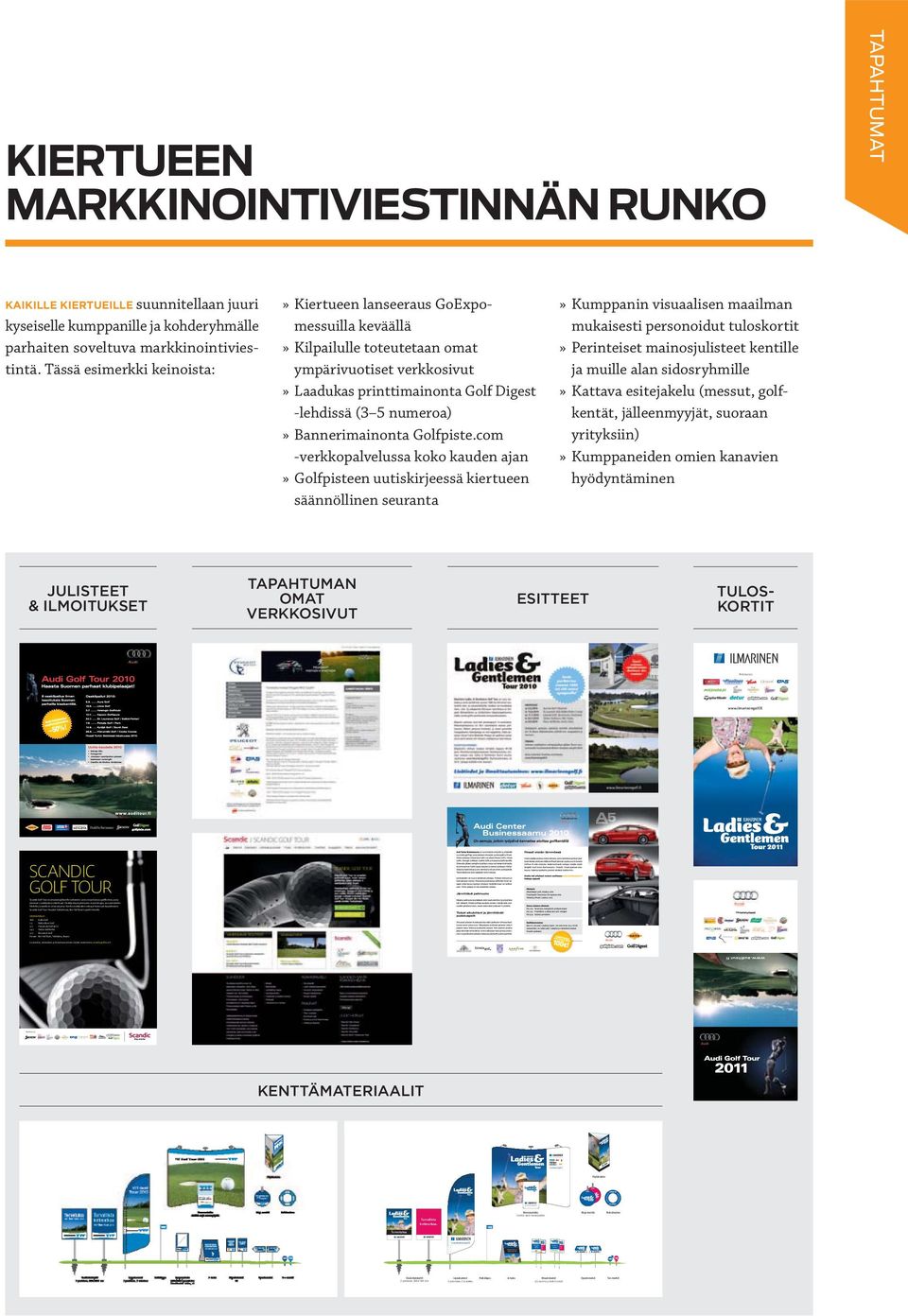 Tässä esimerkki keinoista:» Kiertueen lanseeraus GoExpomessuilla keväällä» Kilpailulle toteutetaan omat ympärivuotiset verkkosivut» Laadukas printtimainonta Golf Digest -lehdissä (3 5 numeroa)»