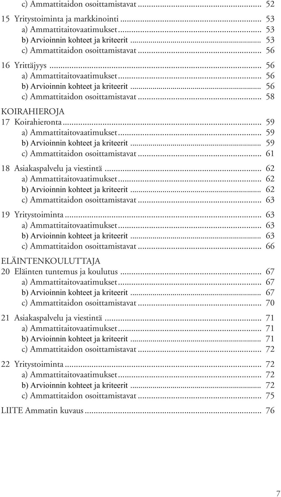 .. 59 b) Arvioinnin kohteet ja kriteerit... 59 c) Ammattitaidon osoittamistavat... 61 18 Asiakaspalvelu ja viestintä... 62 a) Ammattitaitovaatimukset... 62 b) Arvioinnin kohteet ja kriteerit.